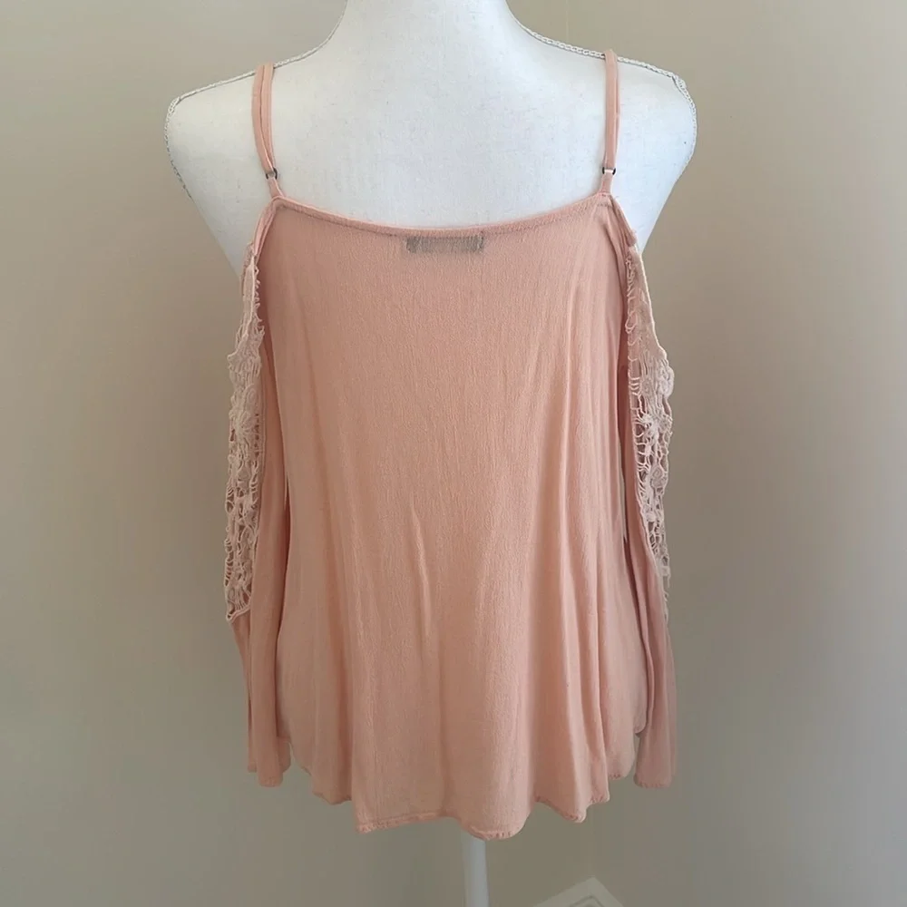 DNA Pale Salmon Color Rayon Cold Shoulder Top with Lace Trim. Medium - Picture 3 of 8